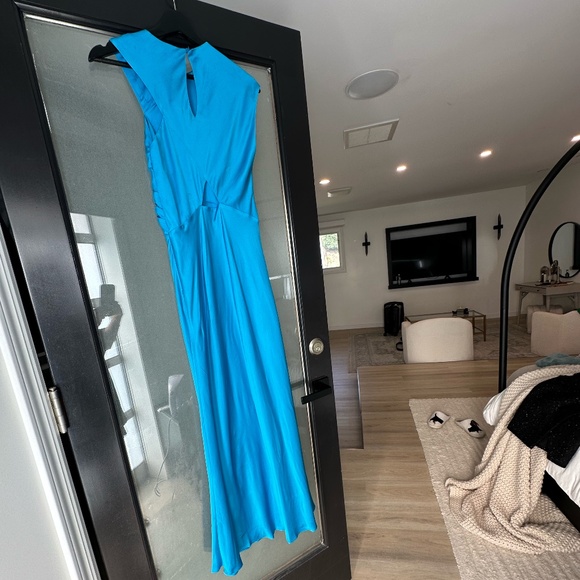 NWT Blue SANDRO Cut-out one-shoulder satin maxi dress - Picture 6 of 7